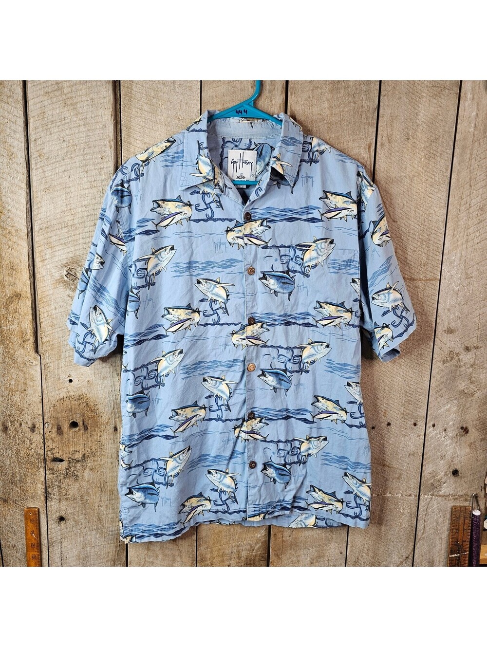 Guy Harvey Men's M Medium Blue Fish Print Casual Button Down Rayon Cotton Shirt